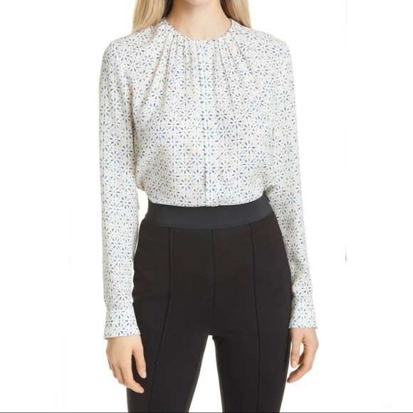 BOSS HUGO BOSS Women’s BANORA Silk Button Up Blouse TILE FANTASY White Blue Sz 4
